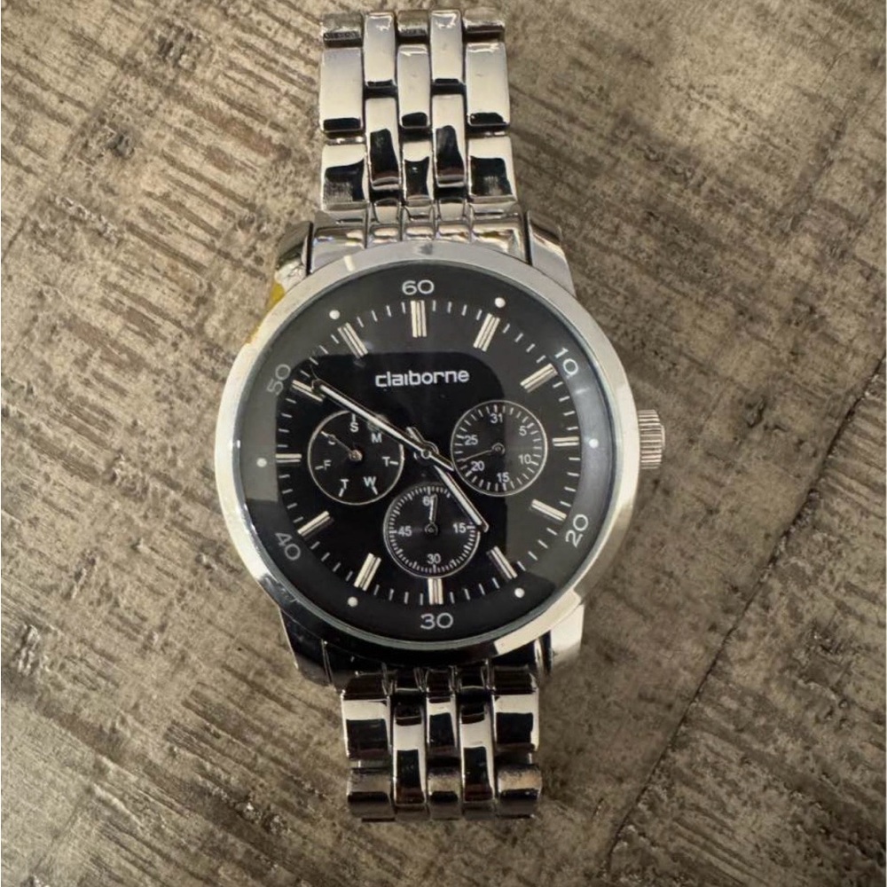 Claiborne Black Dial Silver Band Watch